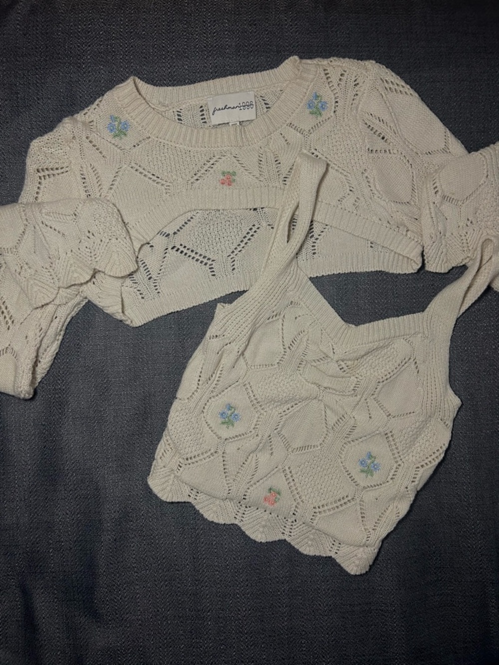 Freshman Cream Knit Cropped Sweater & Tank Set with Floral Embroidery